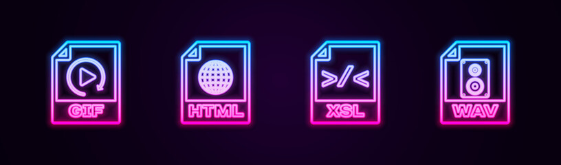  Set line GIF file document, HTML, XSL and WAV. Glowing neon icon. Vector