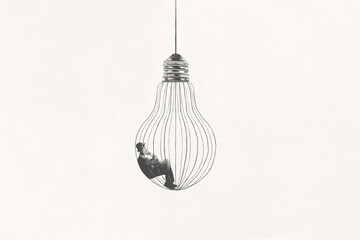 illustration of a man imprisoned inside his idea, utopia abstract concept