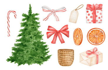 watercolor christmas set with fir tree, gift boxes, candy cane, ribbon bows and dry orange slices. h