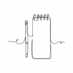 Wall Mural - Vector continuous one single line drawing icon of blank notepad page with pen in silhouette on a white background. Linear stylized.