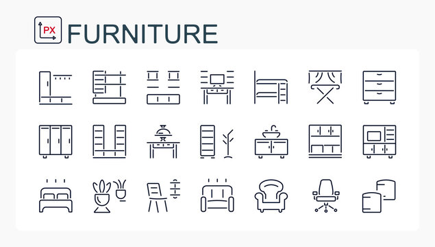 A set of vector illustration , icons from a thin line, furniture, web icons. Sofa, bedroom, hallway, hall, table and chair. Office and dressing room.