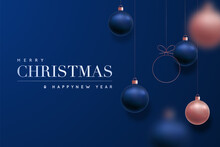 Merry Christmas And Happy New Year Luxury Background. Holiday Dark Blue Background With Hanging Rose Gold And Blue Balls. Christmas Balls Motion Blur Effect.