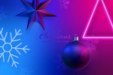 Wall Mural - Modern Christmas banner in night club. Neon snowflake and christmas tree. Xmas ball and star. Greeting New Year  banner. Futuristic festive background.