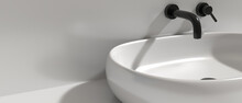 Sink Basin And Faucet, Bathroom Interior. Black Tap And White Washbasin. 3d Illustration