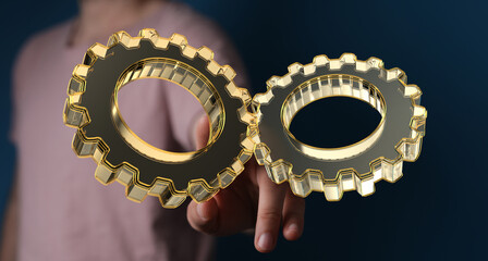 Poster - businessman hand draws gear to success.