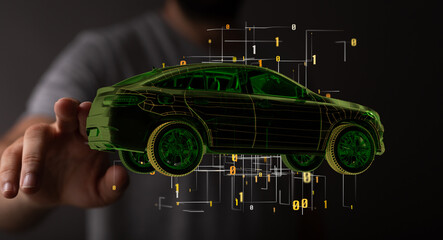 Poster - Hologram auto, futuristic polygonal model auto.