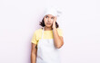 pretty young woman feeling bored, frustrated and sleepy after a tiresome. chef concept