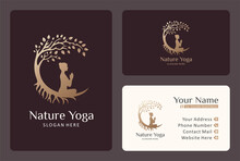 Yoga Logo Design Under Banyan Tree In Gold Color.