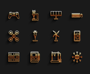 Sticker - Set line Server, Data, Web Hosting, Graphic tablet, Gamepad, 3D printer, Social network, Syringe, Smartphone, mobile phone and Wind turbine icon. Vector