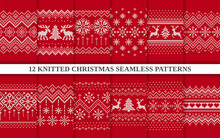 Christmas knit print. Seamless pattern. Set Red knitted sweater textures. Fair isle traditional geometric background. Holiday winter ornament. Festive crochet. Wool pullover frame. Vector illustration