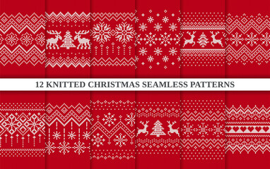 christmas knit print. seamless pattern. set red knitted sweater textures. fair isle traditional geom