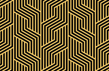 Abstract geometric pattern with stripes, lines. Seamless vector background. Gold and black ornament. Simple lattice graphic design