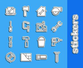 Set line Metallic screw, Electric drill machine, Wrench spanner, House repair, Clamp and tool, Screwdriver, Laptop service and Paint bucket brush icon. Vector