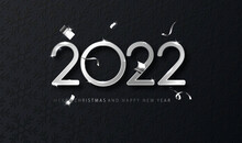 Silver 2022 Happy New Year With Falling Confetti On Dark Background. Holyday Template For Design Card, Banner