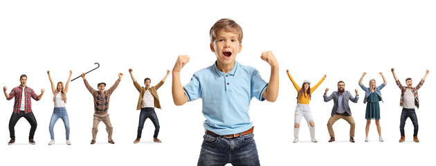 Canvas Print - Happy little boy and other people gesturing happiness in the back