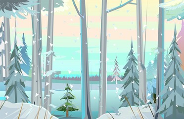Wall Mural - frosty winter day. snow landscape with trees. pines and spruce. beautiful rural scene. cold season. 