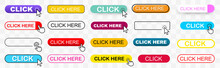 Click Web Buttons Collection. Click Here Button With Click Cursor. Click Button. Click Here Web Button Sign. Computer Mouse Click Cursor Or Hand Pointer Symbol. Vector Illustration