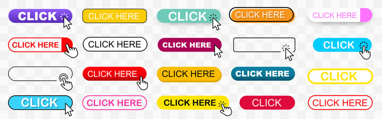 Canvas Print - Click web buttons collection. Click Here Button with Click cursor. Click button. Click here web button sign. Computer mouse click cursor or Hand pointer symbol. Vector illustration