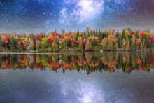 Lac Creux In Autumn Showing Fall Colors In Cottage Country, Quebec Canada.