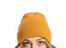 Young Woman In Beanie Hat On White Background