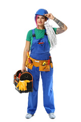 Sticker - Female electrician with tools on white background