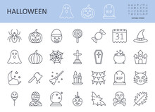 Vector Halloween Icons. Editable Stroke. Autumn Holiday Bat Spider Pumpkin Jack O 'lantern Candy Ghost Spider Web Decoration Castle Party Crystal Ball Witch Hat Cauldron Tombstone Balloon Costume