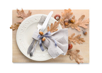 Stylish autumn table setting on white background