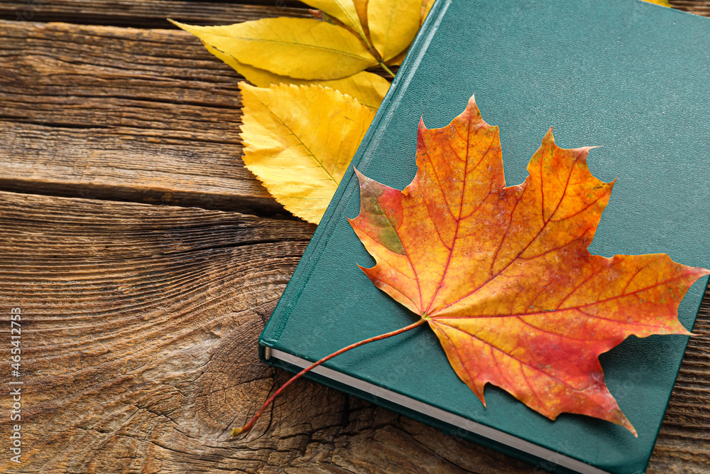Book with autumn leaves on wooden background, closeup