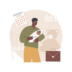 Fototapete - Paternity leave abstract concept vector illustration. Happy father, take care, newborn child, walking with baby carriage, working dad, home office, watching son, changing diaper abstract metaphor.