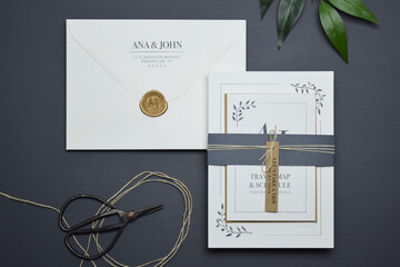 wedding invitation flat lay black background simple modern design destination travel stationary invi