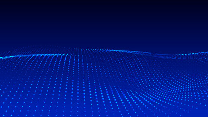 Wave of flowing particles on a dark background. Abstract backdrop with dynamic elements of waves and dots. Vector