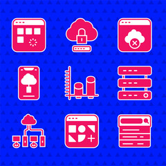 Poster - Set Data analysis, Different files, Search engine, Server, Data, Web Hosting, Computer network, Cloud technology data transfer, Failed access cloud storage and Loading window icon. Vector