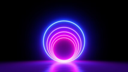 Wall Mural - 3d render, abstract modern minimal background with neon rings glowing in the dark. Empty stage, showcase with blank round frame for product presentation