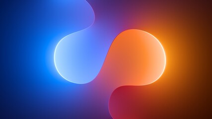 Wall Mural - 3d render, abstract geometric background illuminated with blue orange neon light. Glowing wavy line. Futuristic minimal wallpaper