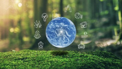 Wall Mural - ecological green energy icons photo realistic earth plexus design in moss forrest 3d render motion g