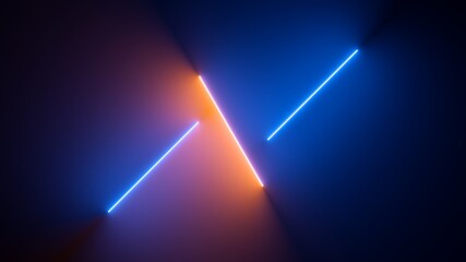 Wall Mural - 3d render, abstract minimal neon background with glowing lines. Dark wall illuminated with led lamps. Blue orange wallpaper