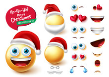Smileys Santa Creator Vector Set. Emoji Santa Claus Character In 3d Kit With Cute And Funny Editable Facial Expression For Xmas Characters Creation Design. Vector Illustration.
