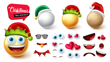 Emoji elf creator kit vector set. Smileys christmas 3d face creation of elf, snowman and santa with editable facial reaction for xmas character expression creation design. Vector illustration.
