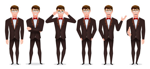 Wall Mural - Businessman formal character vector set. Business man characters collection with standing pose in tuxedo suit for formal occasion boss employee pose and gesture design. Vector illustration.
