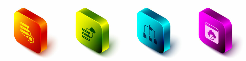 Aufkleber - Set Isometric Server and gear, Network cloud connection, Folder tree and Cloud technology data transfer icon. Vector