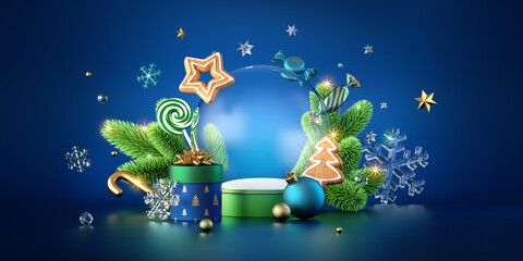 3d render. Empty christmas glass ball, decorated with ornaments, green spruce and gifts, isolated on dark blue background. Winter holiday greeting card, horizontal New Year wallpaper