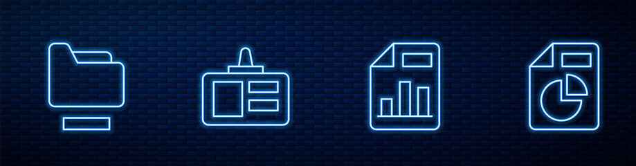 Poster - Set line Document with graph chart, folder, Identification badge and . Glowing neon icon on brick wall. Vector