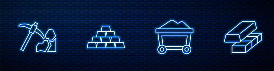 Set line Mine cart with gold, Gold mining, bars and exchange money. Glowing neon icon on brick wall. Vector