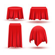 Red silk curtain cloth surprise fabric card cotton. Tablecloth reveal cover object vector