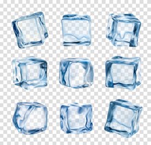 Ice Cubes, Realistic Crystal Ice Blocks Isolated On Transparent Background. 3d Vector Blue Glass Icy Pieces For Drink Cooling, Clean Square Frozen Water Blocks Set For Alcohol Or Cocktail Beverages