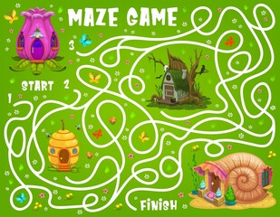 Leinwandbilder - Kids labyrinth maze, cartoon flower bud, beehive, seashell and witch house, vector tabletop riddle. Kids board game or find way labyrinth puzzle with dwarf, gnome or fairy elf home of seashell