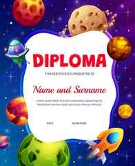 Poster - Kids diploma. Cartoon starship in fantastic universe galaxy. Vector certificate with space planets, stars, Ufo saucer and spaceship. Educational school frame with futuristic rocket in cosmic world