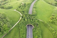 High Angle View Of Road And Green Bridge