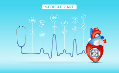 Wall Mural - Stethoscope with heart. Tools for doctor inspect heartbeat. Heart medical check up  health and medicine concept. Realistic 3D vector illustration