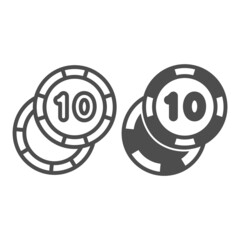 Poster - Casino chip with ten units, coin line and solid icon, gamblimg concept, poker token number 10 vector sign on white background, outline style icon for mobile concept and web design. Vector graphics.